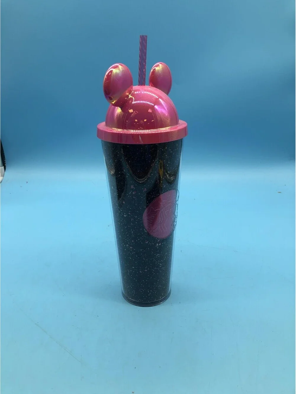 Starbucks Disneyland 70 Tumbler Pink Mickey Ears Black Glitter Straw Plastic
